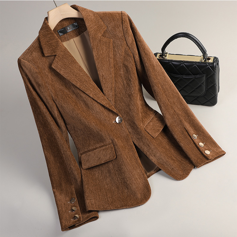 Cross-Border Yellow Velvet Blazer for Women, Autumn and Winter New Style, High-End Slim Fit Casual Thickened Suit