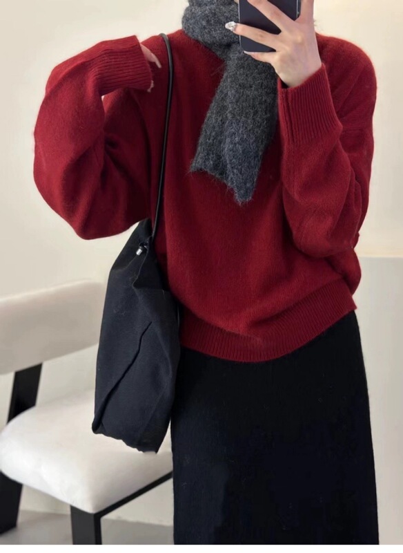 温柔浣熊绒圆领毛衣女宽松外穿秋冬慵懒风套头蓝色软糯打底针织衫|undefined