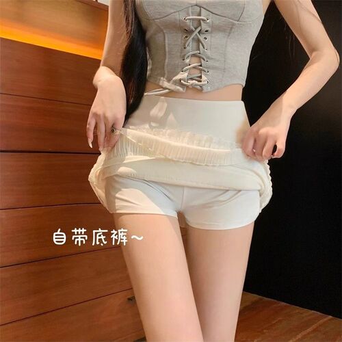 Temperament sweet hot girl lace pleated short skirt, women's summer design, slim belt safety pants, all-match cake A-line skirt