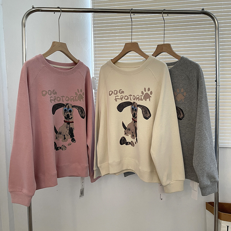 Korean style young cartoon puppy printed round neck pullover sweater women's loose slimming 2024 spring new top fashion