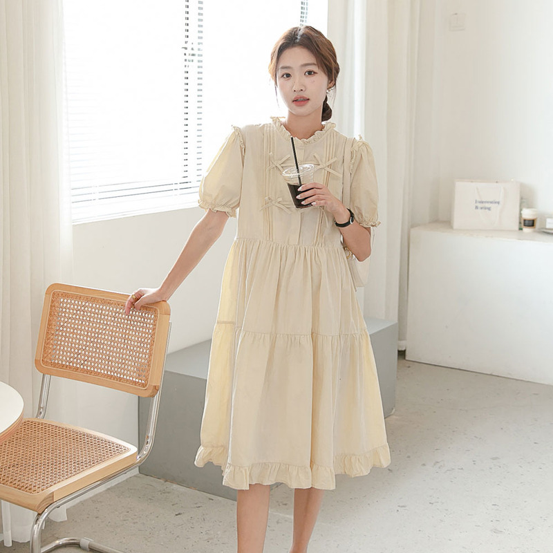 Summer New Pregnant Women's Dress Sweet and Cute Style Age-reducing Lacy Collar Dress Mid-length Korean Casual Short-sleeved Dress