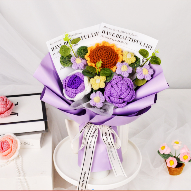 Productos transfronterizos acabados de lana tejido flores hechas a mano girasol trenzado regalos de vacaciones decoración flores falsas al por mayor
