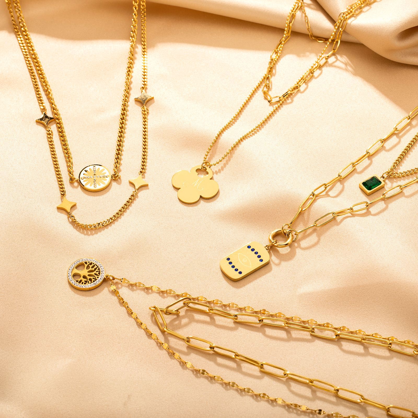 New  golden Multi-Layered  Pendant devil’s eye Tree Four-Leaf Clover Stainless Steel Necklace