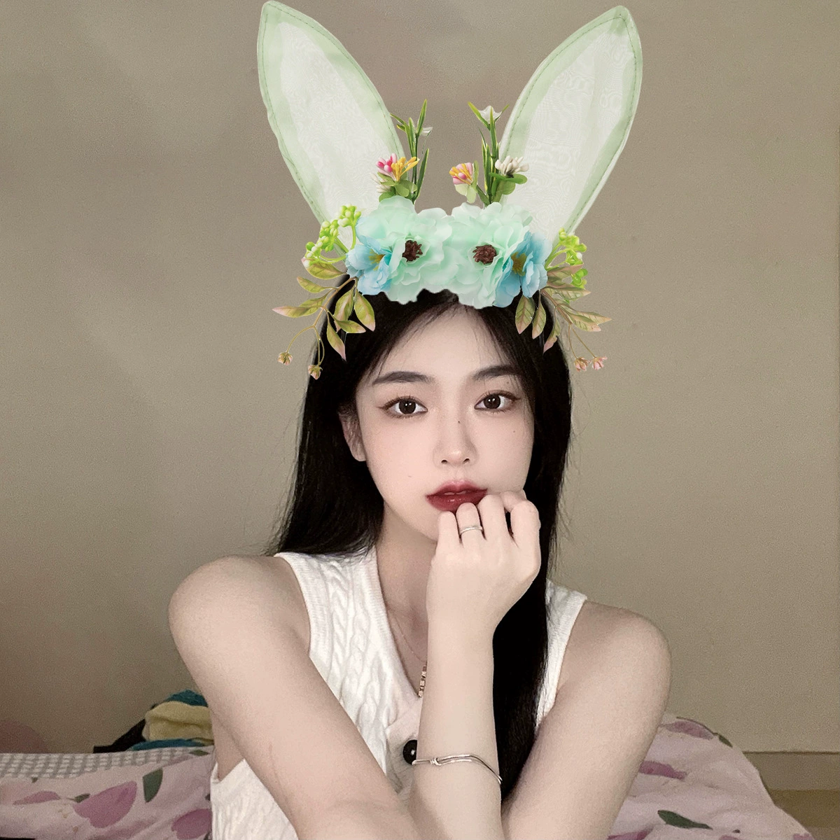 Headband Red Rabbit Lace Ears, Handmade Hair Accessory, High-Quality Graduation Party Style