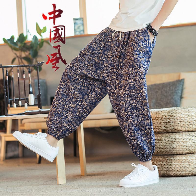 Verano estilo chino jaulas para hombres pantalones harem sueltos pantalones anchos estampados de algodón y lino de gran tamaño pantalones recortados hombres