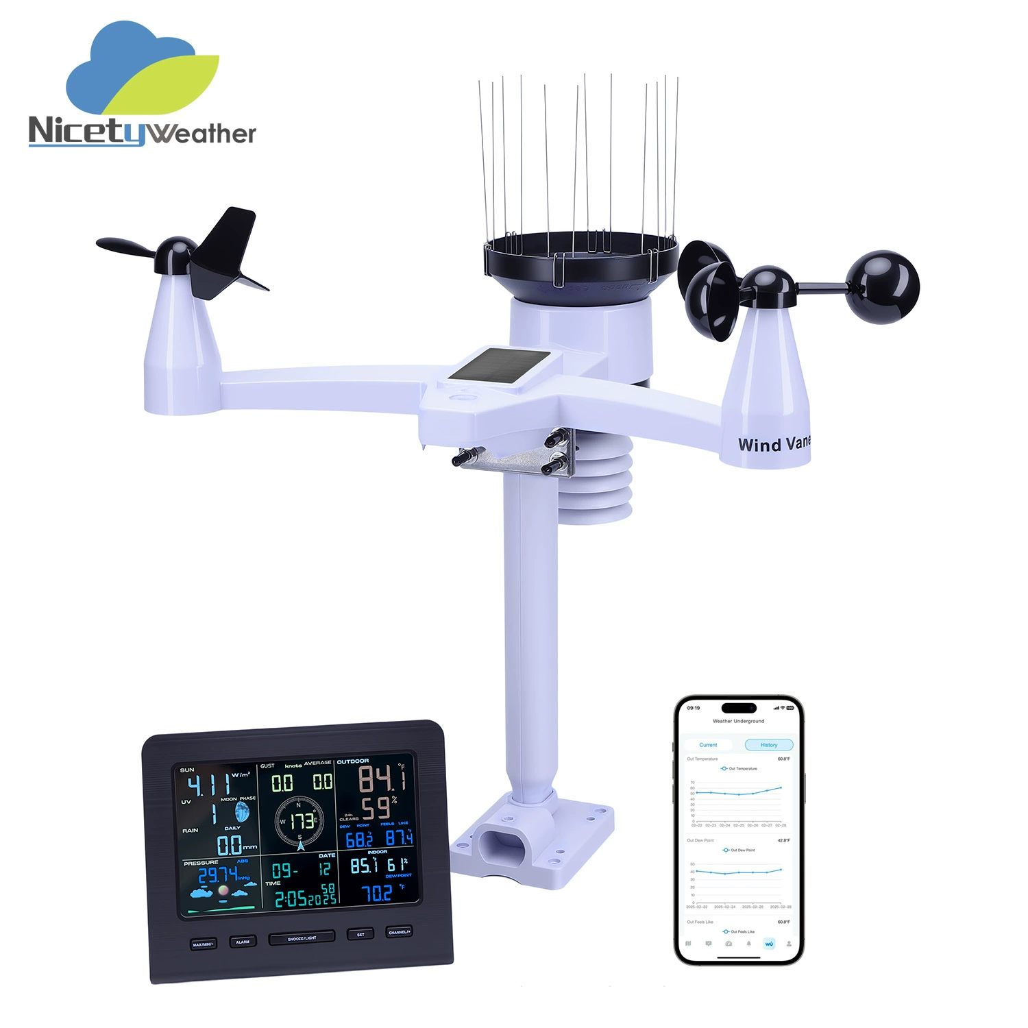 «Умная WiFi-метеостанция» 7-в-1 для мониторинга скорости и направления ветра, осадков/света, температуры и влажности | Электронные часы + прогноз погоды