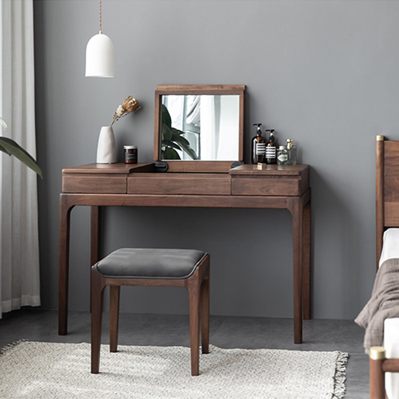 North American Black Walnut Wood Dressing Table Simple Japanese Style Small Apartment Dressing Table Flip Dressing Desk with Mirror