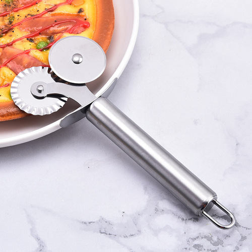 Stainless steel pizza cutter, dual-wheel pizza cutter, two-sided fluted pizza roller, baking tool, cross-border wholesale
