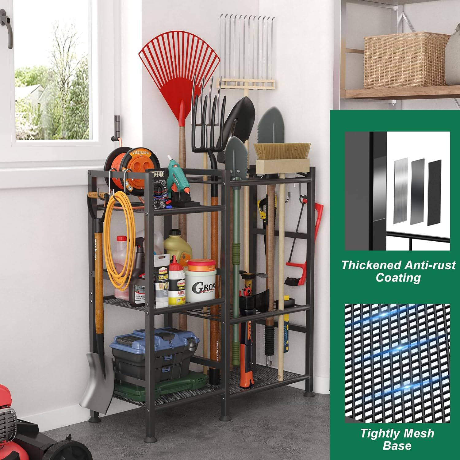 花园工具收纳架,3 层庭院工具储物架,带 工具槽,重型花园工具架,