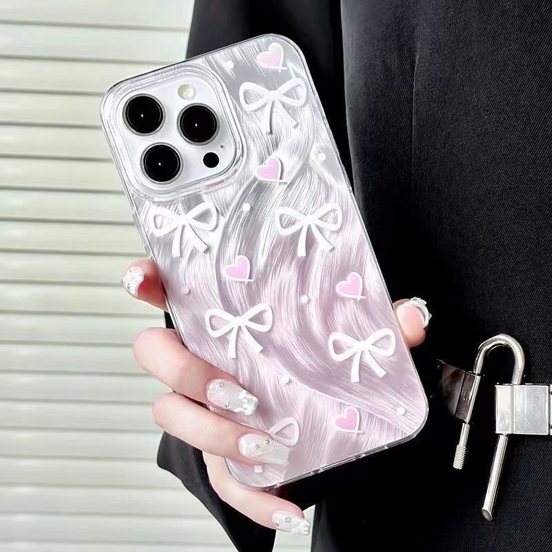 Gradient Pink Bow AL Suitable Fruit 15 Pro Max, Hard Case For 12, 13, 14, Cartoon Large Hole 11XS_voghion.com