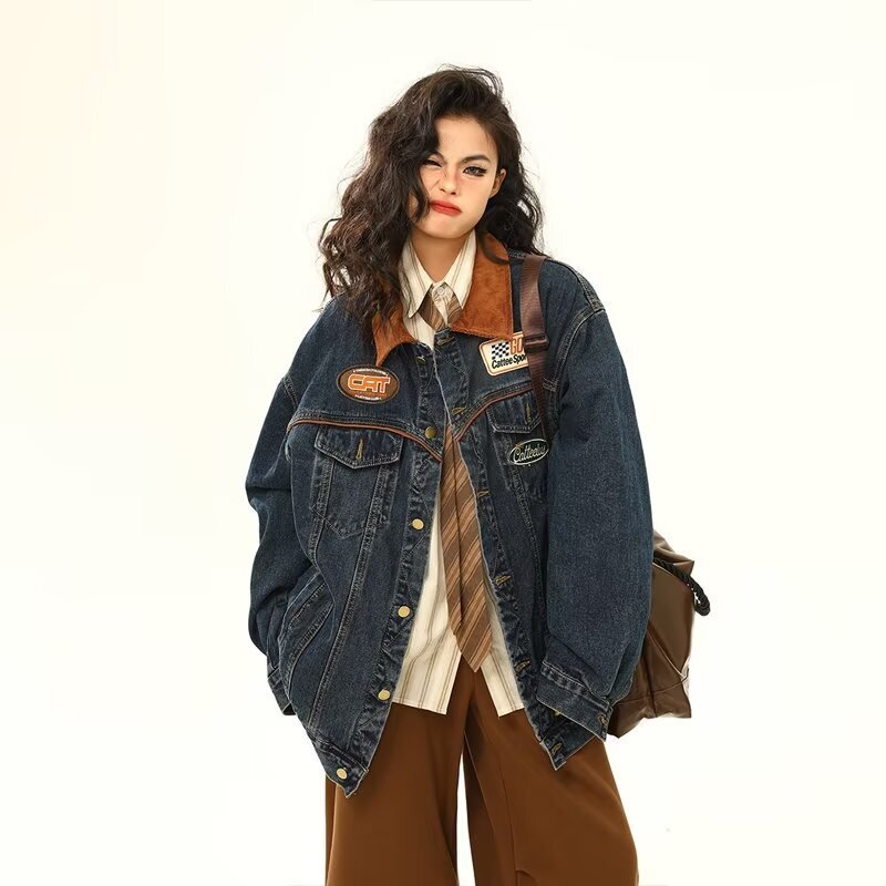 Spring and Autumn 2024 American Style Retro Academy Style Stitching Denim Jacket Men's and Women's Loose Trendy Brand All-match Jacket