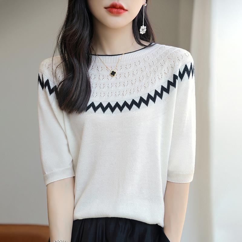 Summer New Wool Mulberry Silk Knitted Short-Sleeved Women's Thin One-Line Ready-To-Wear T-Shirt Cut Out Contrasting Color Mid-Sleeve Top