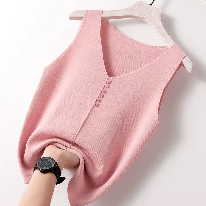 Ледяной шелк новый вязаный V-образный вырез без рукавов