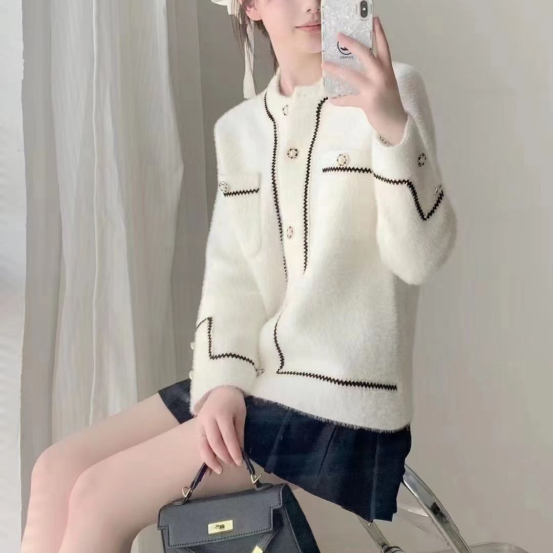 Otoño e Invierno 2023 estilo coreano nuevo estilo Chanel manga larga punto cardigan abrigo Faux visón terciopelo cuello redondo todo el Partido suéter para mujer