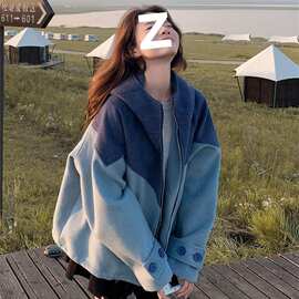 灰蓝色撞色连帽毛呢外套女2025秋冬新款小个子呢大衣流行韩系设计