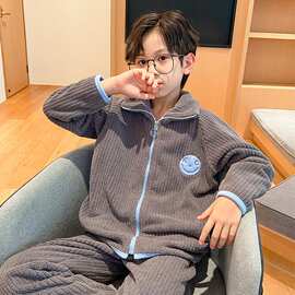 2026新款秋冬儿童法兰绒睡衣加绒加厚款男童中大童家居服套装男孩