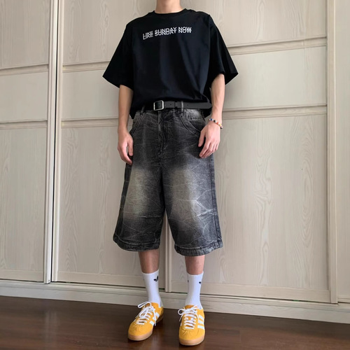 Men's Summer Thin Washed Denim Short Cargo Shorts American Street Style Versatile Loose Straight Leg Sports Seven-Eighth Pants