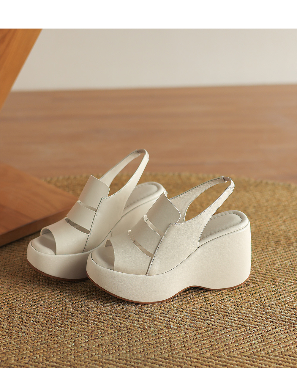 Sandal nữ đế xuồng cao gót da thật phong cách La Mã, gót 9 cm — đen, Màu trắng nhạt chi tiết 14