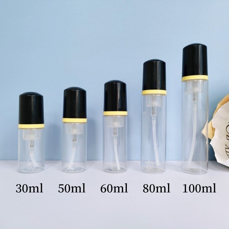 30 dientes PET mousse transparente botella 30ml100ml limpiador facial espuma botella champú espuma botella de pie en stock