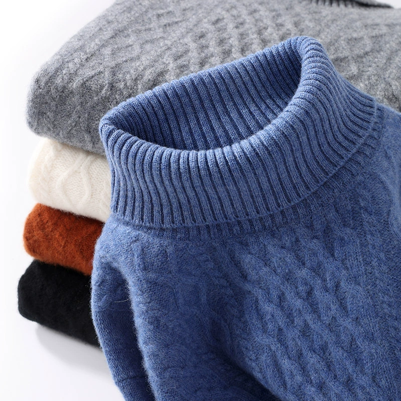 Осенне-зимний свитер из 100 шерстей, мужской утепленный пуловер с высоким воротом, жаккардовый Молодежный однотонный вязаный базовый кашемировый свитер