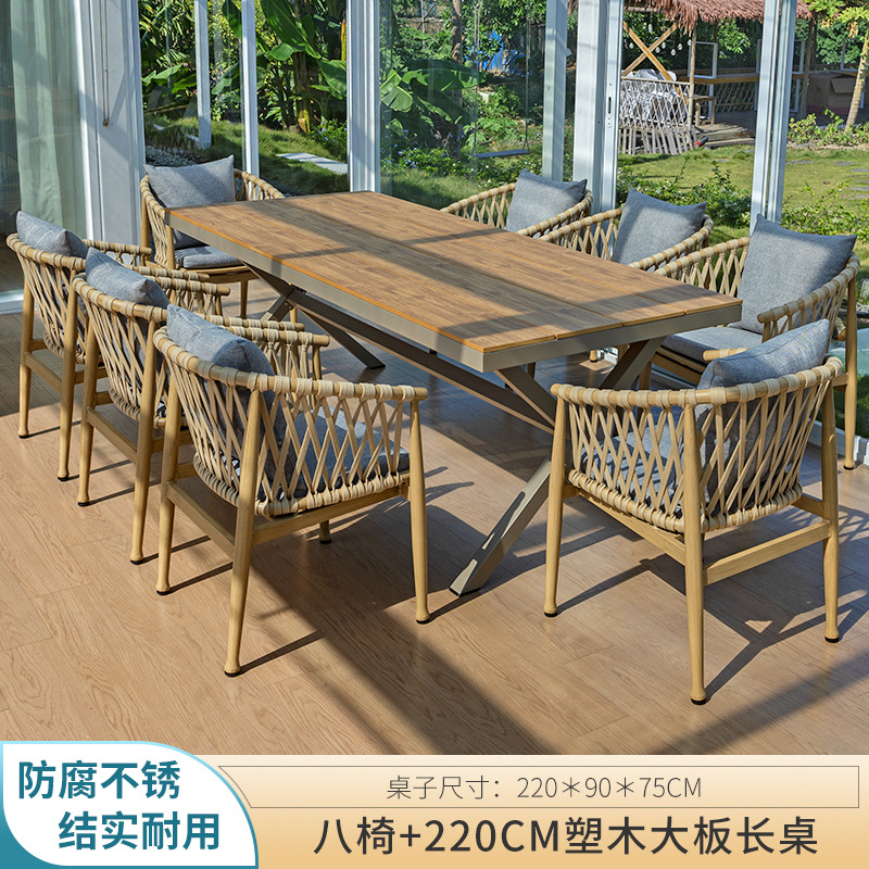 Mesa larga de madera de plástico de 220cm con ocho sillas