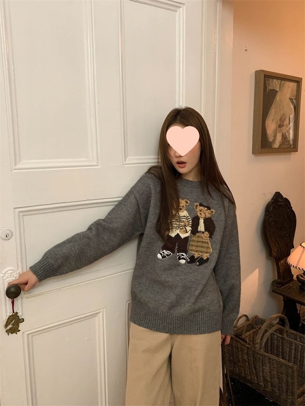 韩版可爱卡通小熊提花毛衣女秋季新款圆领套头长袖针织衫百搭上衣|undefined