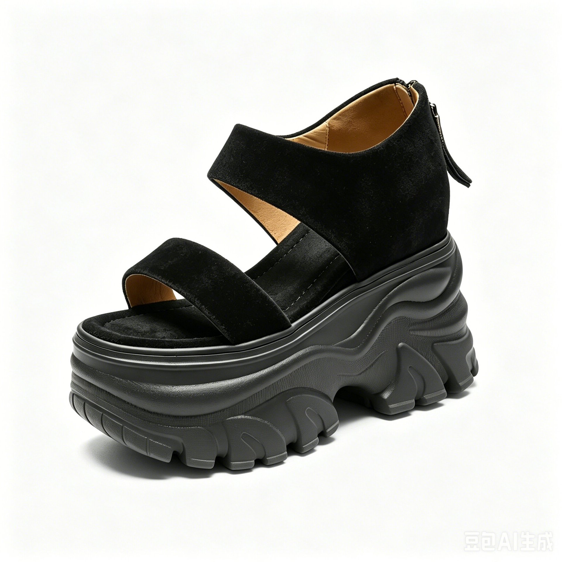 Sandal cao gót nữ da cừu mũi tròn hở ngón, quai ngang đế dày, gót 12 cm — màu đen