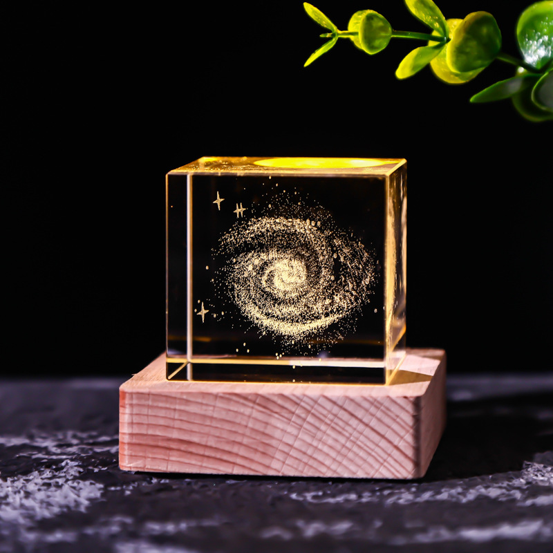 Cubo de cristal decoración interruptor de luz cálida base de madera talla interior Luna Sistema Solar Galaxy decoración de escritorio regalo de niña