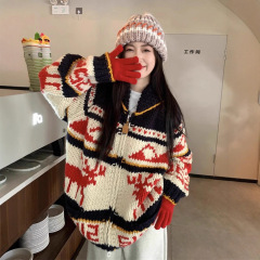 费尔岛复古提花加厚针织开衫女韩版秋冬新款慵懒宽松百搭毛衣外套