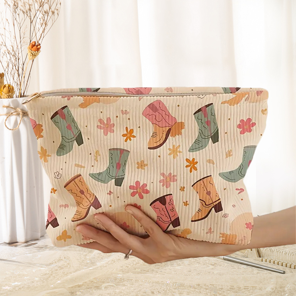 150g Weight Polyester Lining Material Elegant Streetwear Floral Corduroy Square Makeup Bags