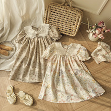 2026夏季新款法式卡通印花蕾丝娃娃领女童连衣裙公主裙短袖宝宝裙