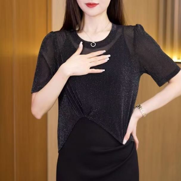 Hot-selling summer style silver thread cool see-through minimalist design fashionable casual versatile short-sleeved T-shirt for women