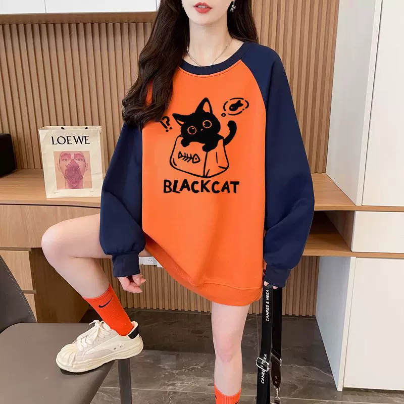大码女装2025春秋新款撞色插肩卡通宽松卫衣女纯棉宽松显瘦上衣服