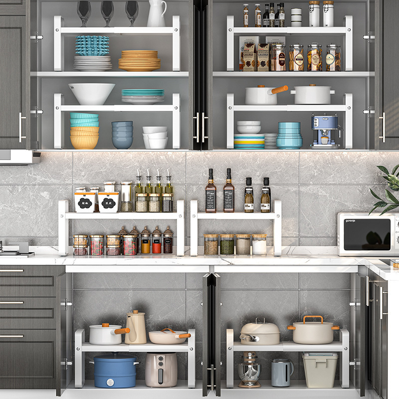 Cross-Border Retractable Kitchen Multi-Layer Storage Rack Black and White Optional Seasoning Bottles Pots and Dishes Storage Rack in the Cabinet