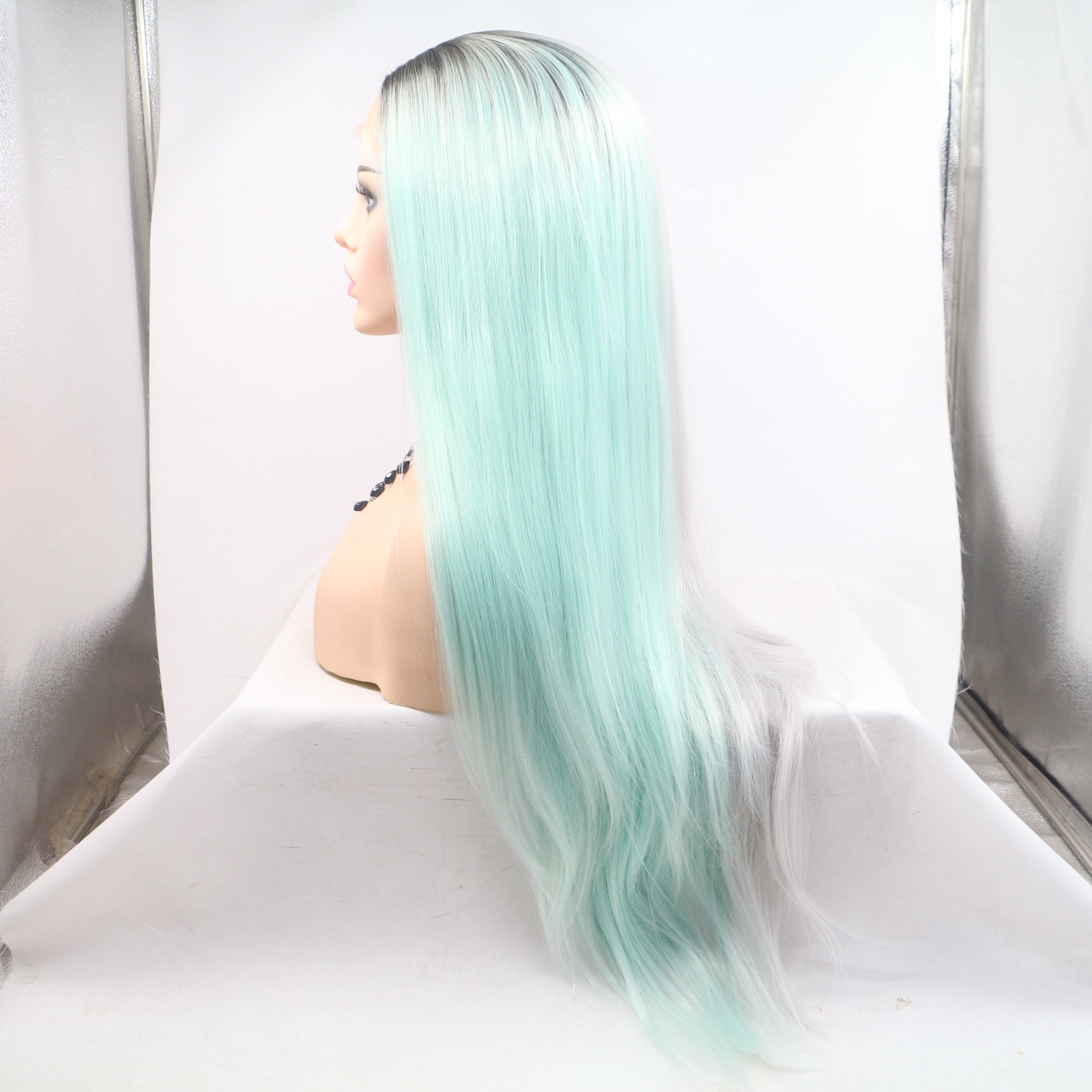 NEW LOOK Fibra química europea y americana de alta temperatura seda mujer gris verde marea cabello rizado medio largo tejido a mano frente encaje peluca cubierta