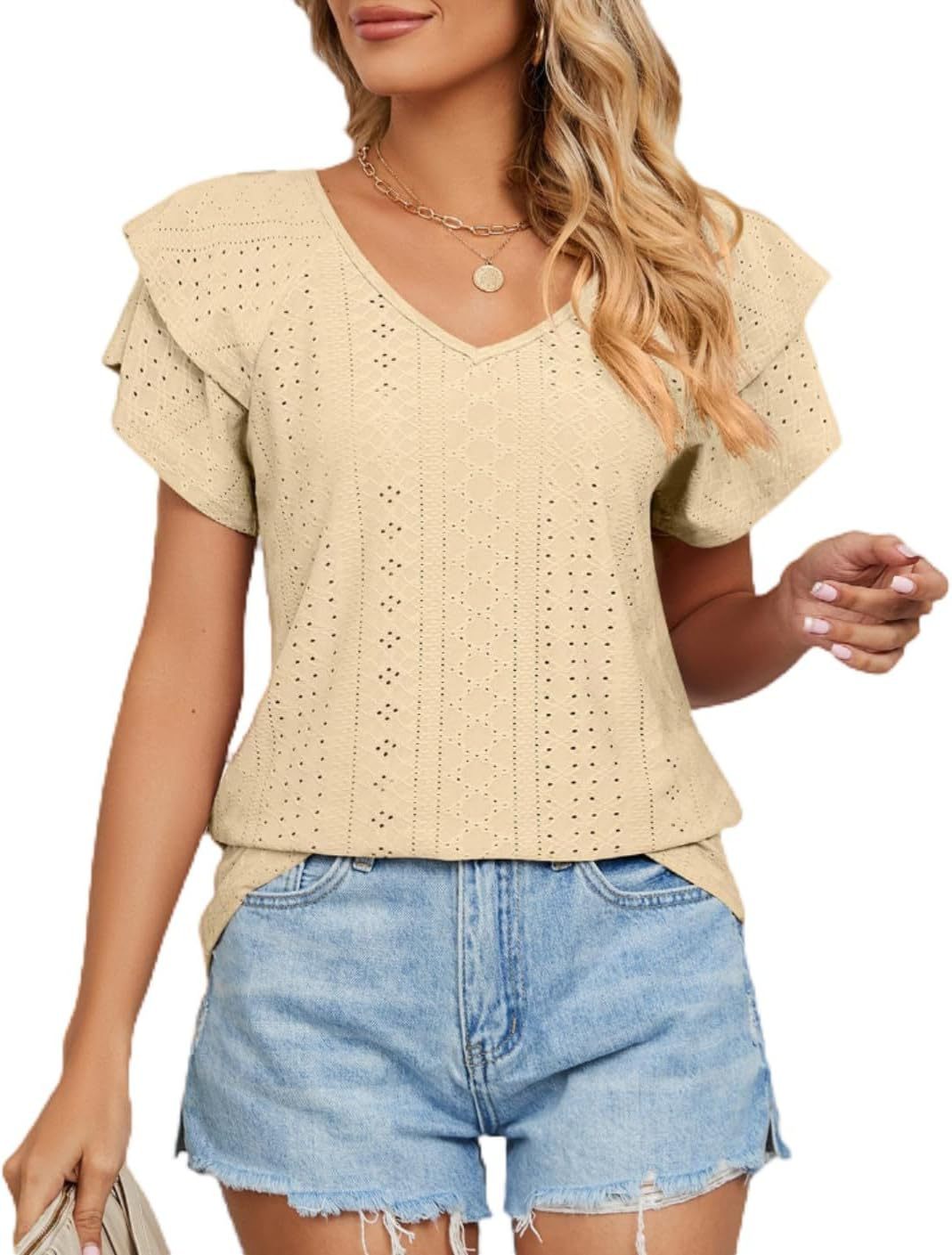 2025 transfronterizos Europa y América primavera y verano nuevo cuello hueco collar manga de hoja de loto camiseta de manga corta camiseta casual chaqueta de mujer