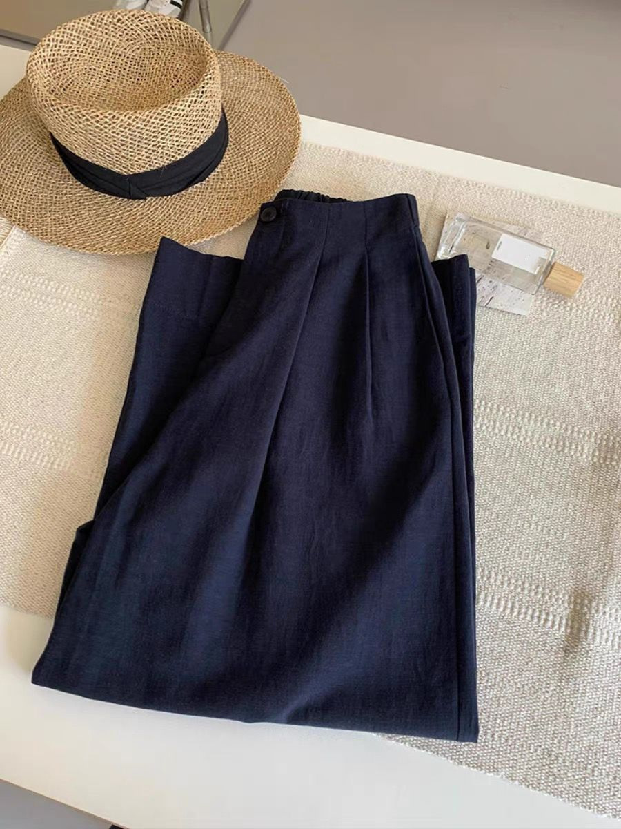 Quần dài lưng thun cotton pha lanh ống rộng mùa hè cho nữ — màu xanh hải quân chi tiết 2