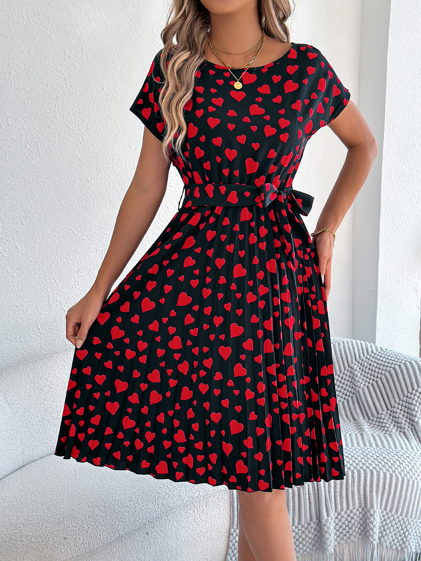Valentine Day Gift Spring Summer Casual Contrast Color Love Heart Short Sleeve Waist Controlled Pleated Dress Women Clothing 9 Valentine Day Gift Spring Summer Casual Contrast Color Love Heart Short Sleeve Waist Controlled Pleated Dress Women Clothing