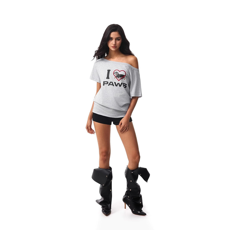 FDR公式ストア「I Love Dogs」ダックスフント アメリカン半袖Tシャツ 男女兼用 夏 カップル 斜め肩トップス|undefined