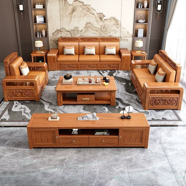 New model golden walnut solid wood sofa chaise lounge set, new Chinese-style living room sofa, suitable for both winter and summer, with carved European-style design