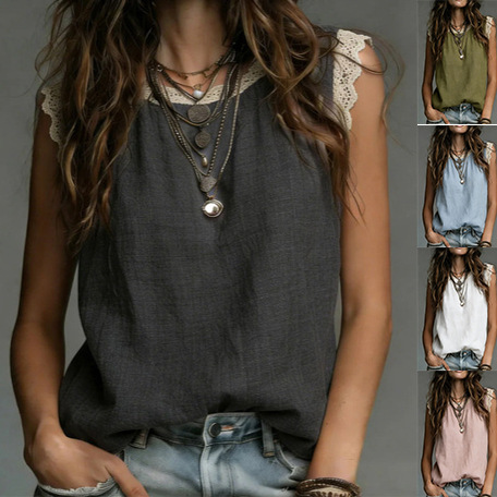 2026 European and American Cross-Border New Style Vest, Summer Lace Patchwork Round Neck Sleeveless Cotton and Linen Top, Independent Women's Fashion 2026 European and American Cross-Border New Style Vest, Summer Lace Patchwork Round Neck Sleeveless Cotton and Linen Top, Independent Women's Fashion
