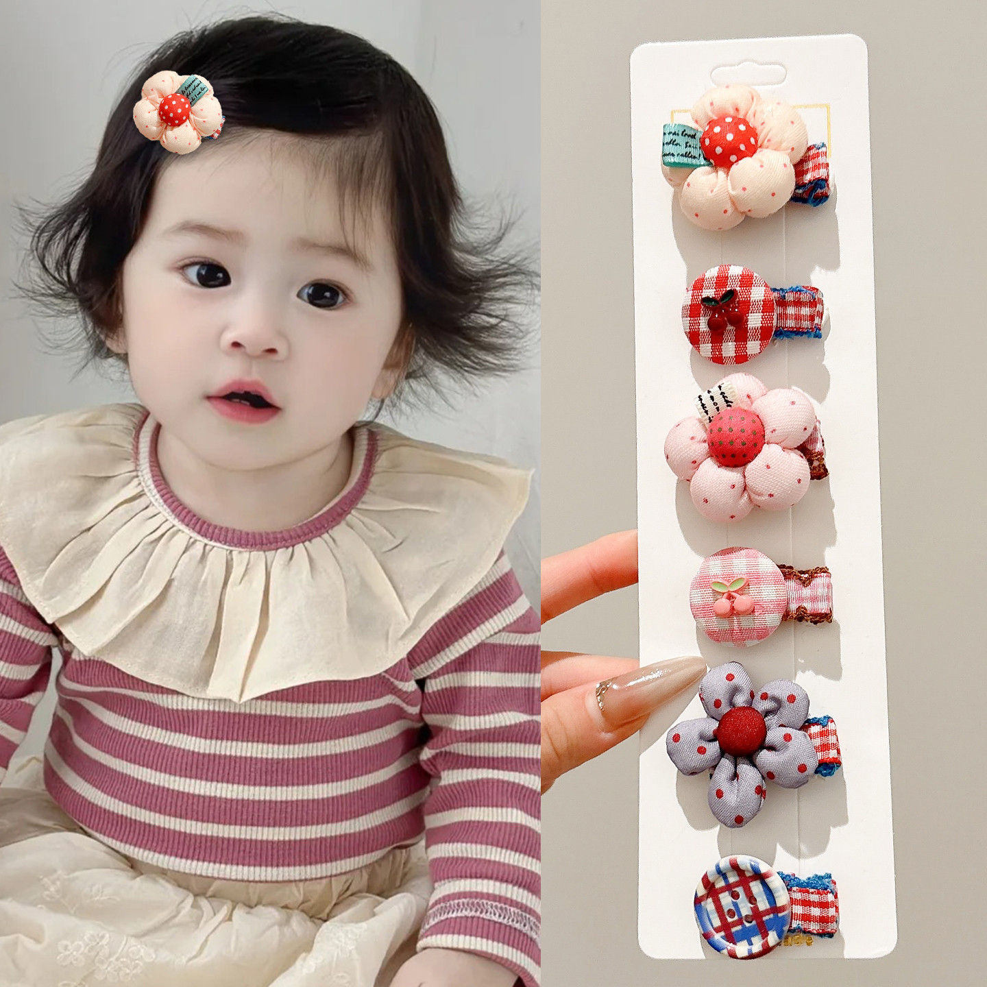 婴儿可爱花朵全包布发夹女儿童前额刘海小夹子发卡不伤发边夹头饰