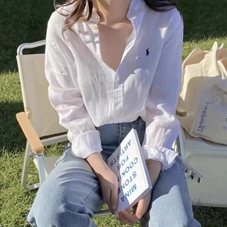26新款刺绣小马标衬衫女春夏休闲棉麻长袖内穿外搭防晒polo领