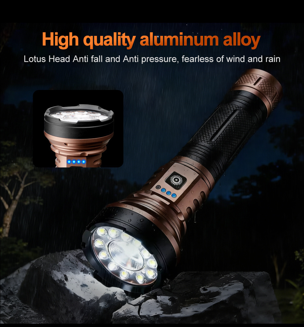 Outdoor high-brightness flashlight LED rechargeable lighting lamp for camping emergency use with multi-level adjustment and battery indicator