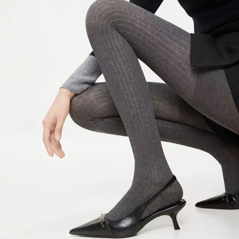 Miu Thin Ribbed Vertical Striped Semi-Sheer Korean-Style Pantyhose for Spring and Early Spring, Slimming Vertical Striped Leggings for Women