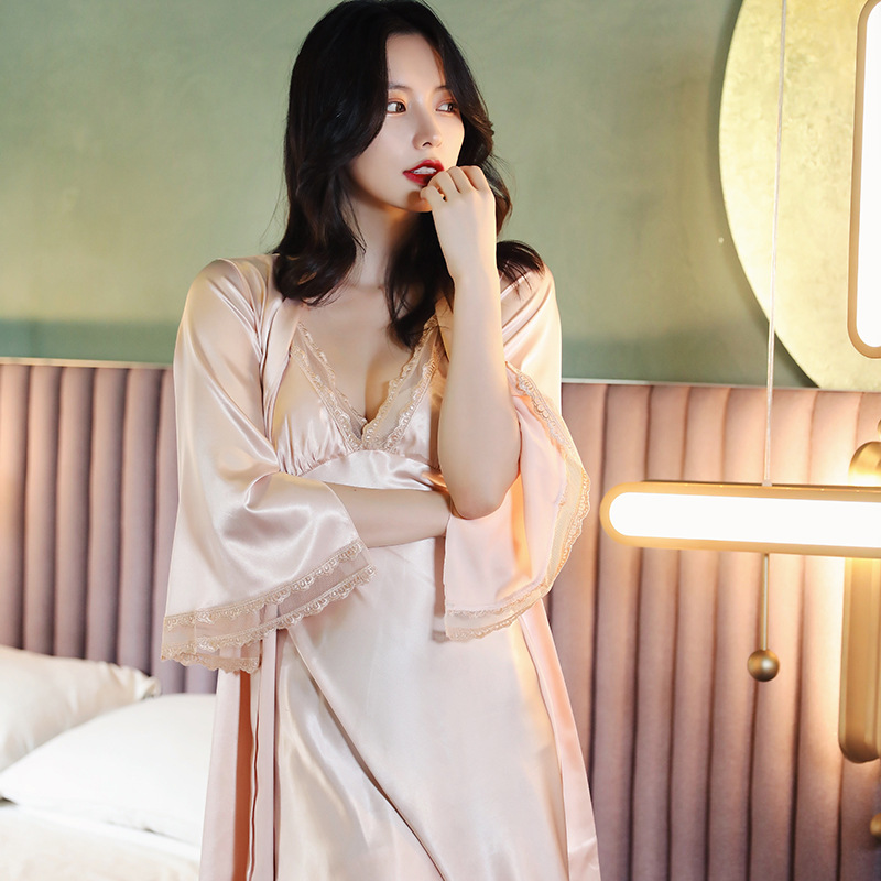 Sexy Suspender Cut Out Nightgown New Women's Nightgown Two-Piece Set with Breast Pad Pajamas Spring & Fall Internet Celebrity Douyin Home Clothes