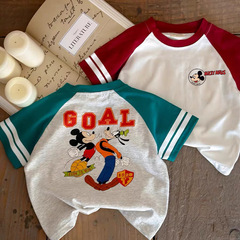 Pure cotton children's short-sleeved T-shirt summer 2025 new striped Mickey cartoon casual small and medium-sized children's boys and girls' tops