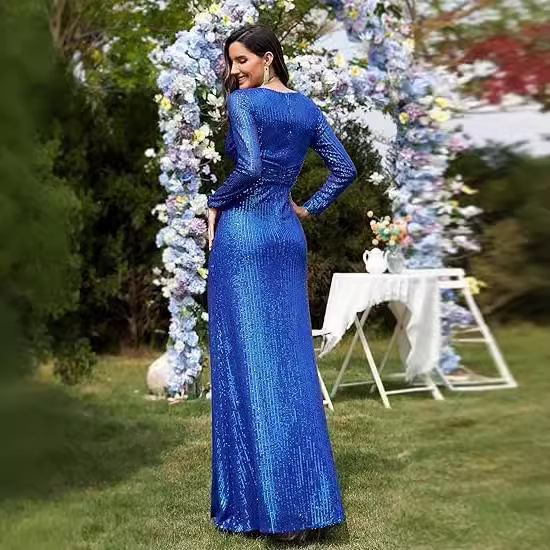 Europäisches und amerikanisches grenzüberschreitendes neues Verkaufsschlager-Frühlingskleid: Elegantes, einfarbiges Paillettenkleid mit langen Ärmeln für den Abend – perfekt für die High Society._voghion.com