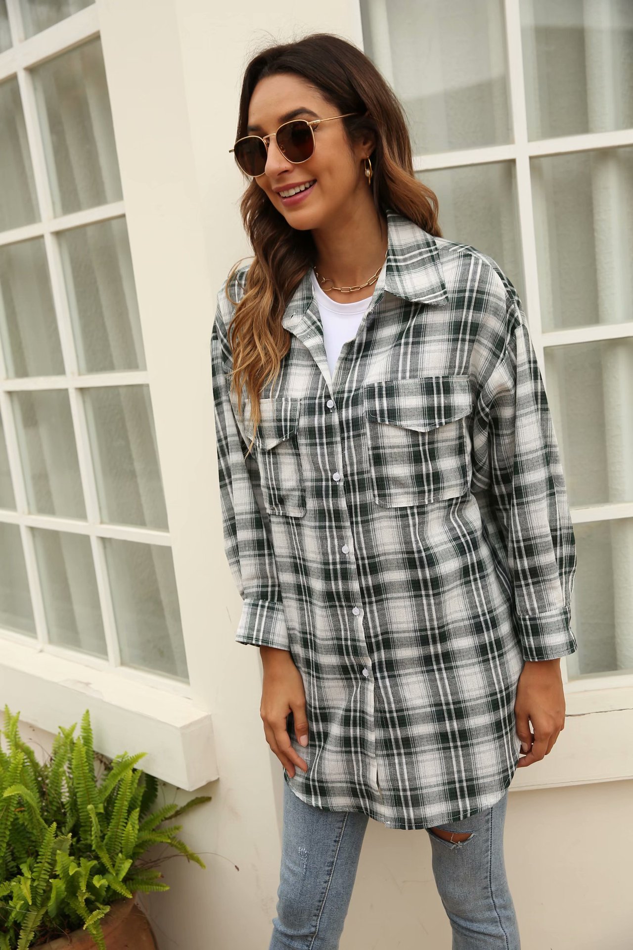 loose plaid lapel long-sleeved shirt NSAM42066