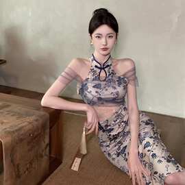 新中式性感旗袍年轻款少女气质设计感镂空收腰显瘦印花连衣裙